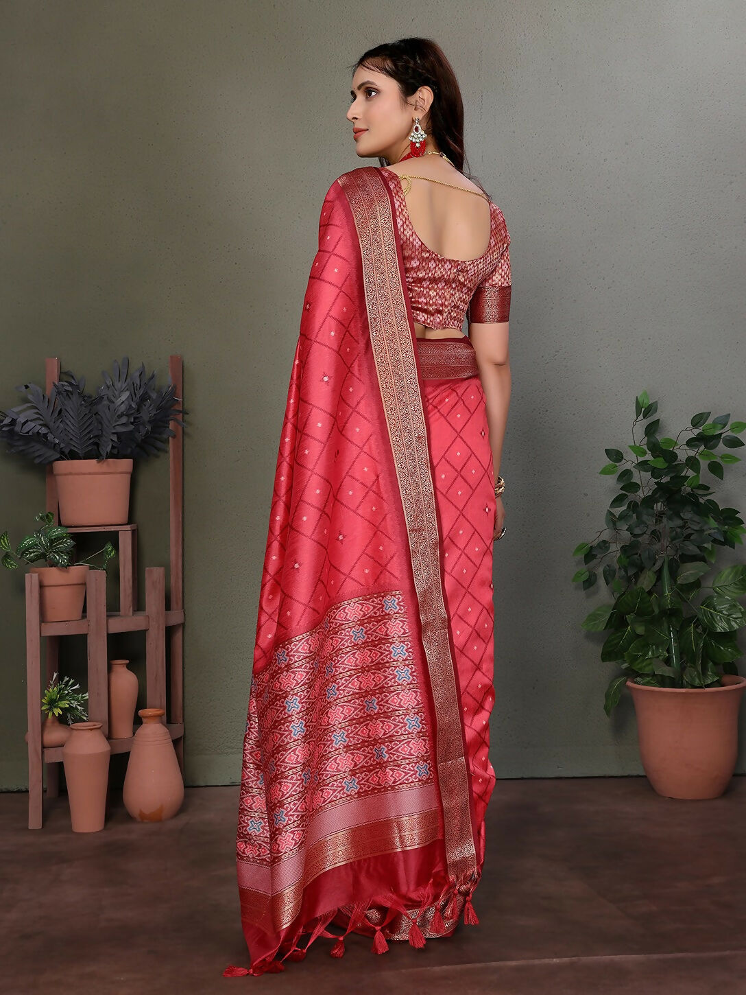Joban Fashion Carrot Red Woven Design Banarasi Silk Sarees | Swadesiicart