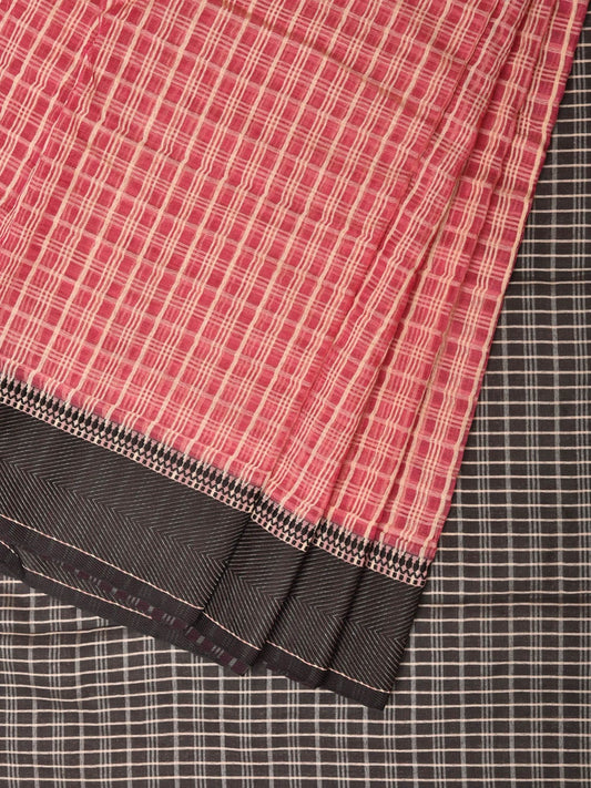 Red and Black Bamboo Cotton Saree with Checks Design No Blouse - Global Threads | Swadesiicart