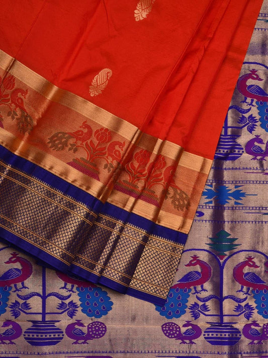 Red and Blue Paithani Silk Handloom Saree with Border and Body Buta Design - Global Threads | Swadesiicart