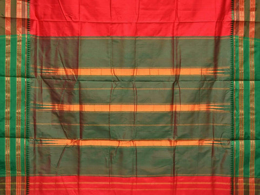 Red and Green Narayanpet Silk Handloom Plain Saree with Traditional Border Design No Blouse - Global Threads | Swadesiicart