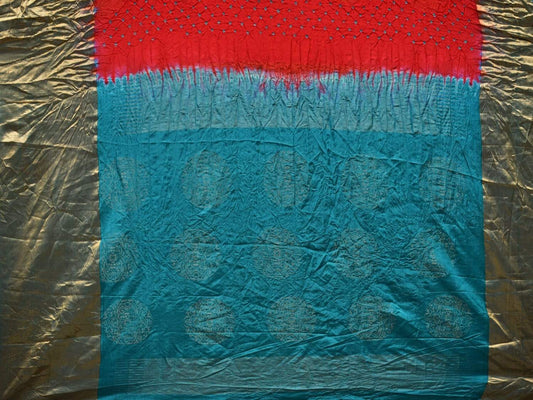 Red and Teal Bandhani Kanchipuram Silk Handloom Saree with Big Buta Design - Global Threads | Swadesiicart