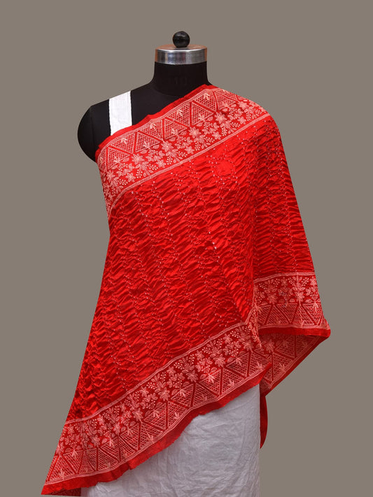 Red Bandhani Silk Stole with Embroidary Work Design - Global Threads | Swadesiicart