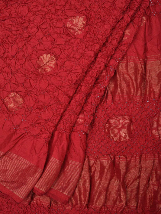 Red Bandhani Uppada Silk Handloom Saree with Nilambari Buta Design - Global Threads | Swadesiicart