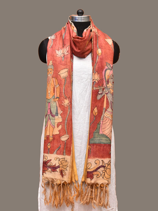 Red Kalamkari Hand Painted Kanchipuram Silk Handloom Dupatta with Lotus and God Design - Global Threads | Swadesiicart