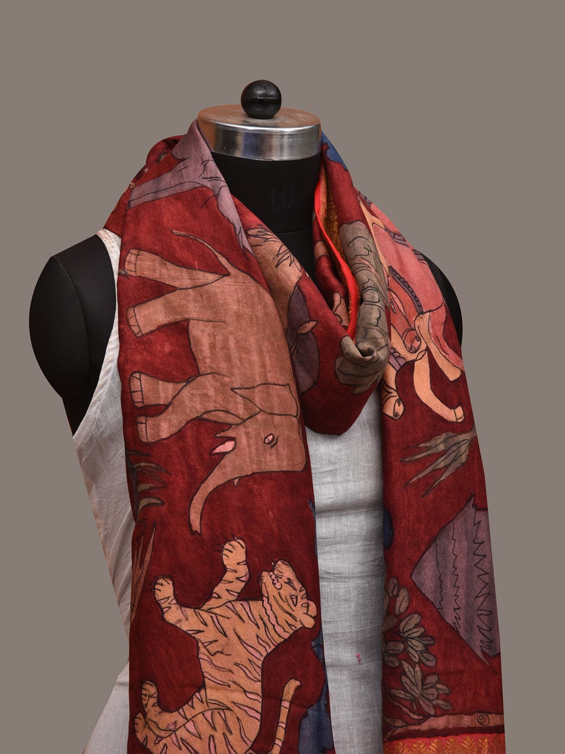 Red Kalamkari Hand Painted Kanchipuram Silk Handloom Dupatta with Village Design - Global Threads | Swadesiicart