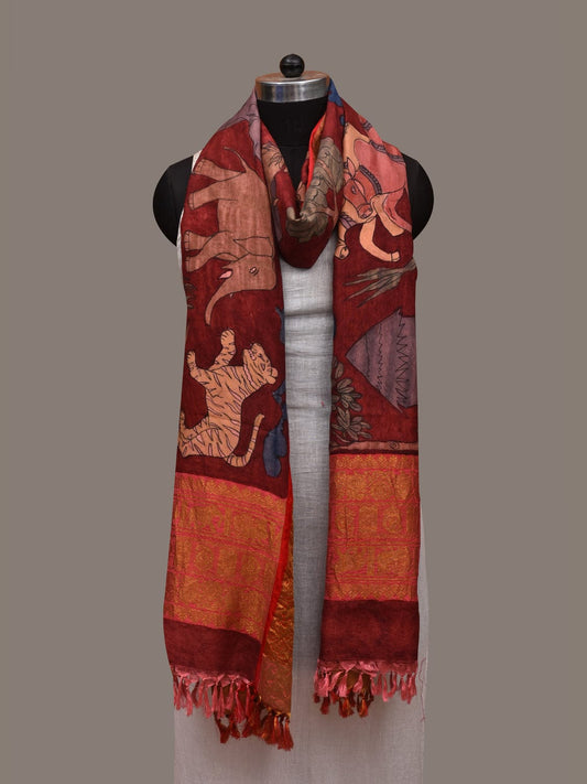 Red Kalamkari Hand Painted Kanchipuram Silk Handloom Dupatta with Village Design - Global Threads | Swadesiicart