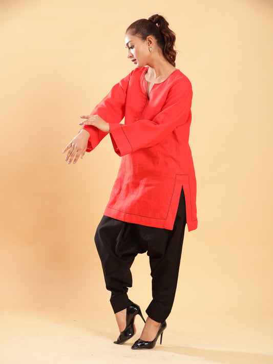 BohoJazz Red Threadwork Kurti with Black Harem Pants Co-ord Set - Swadesiicart