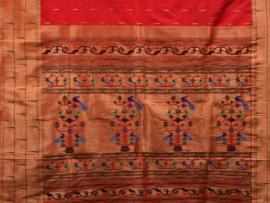 Red Paithani Silk Handloom Saree with Triple Muniya Border Saree - Global Threads | Swadesiicart
