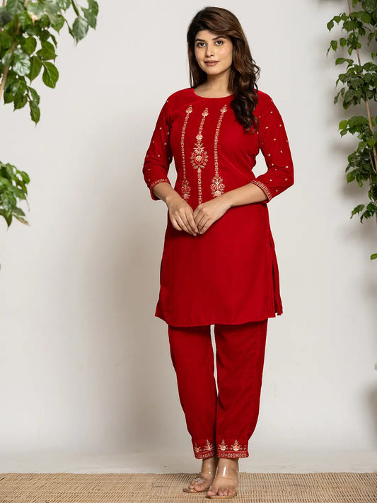 Yufta Red Velvet Embroidered Co-Ord Set With Cotton Lining - Swadesiicart