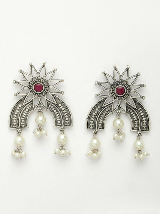 NVR Women's Floral Silver-Plated Artificial Stones and Beads Drop Earrings | Swadesiicart