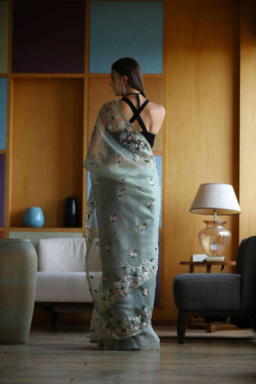 Vamsee Green Organza Saree - Swadesiicart