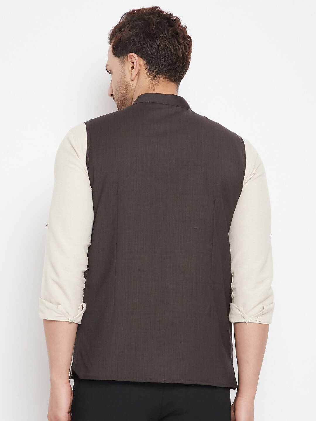 Even Apparels Brown Merino Men Woven Nehru Jacket | Swadesiicart
