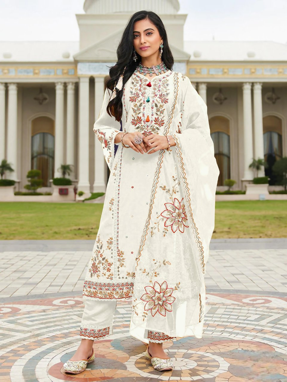 Anaita White Cotton Stitched Suit with Embroidery Viscose Multi Thread Work