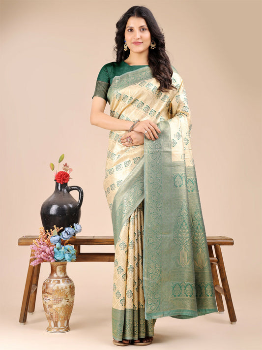 Astita Aura Silk Cream Green Banarasi Silk Saree | Swadesiicart