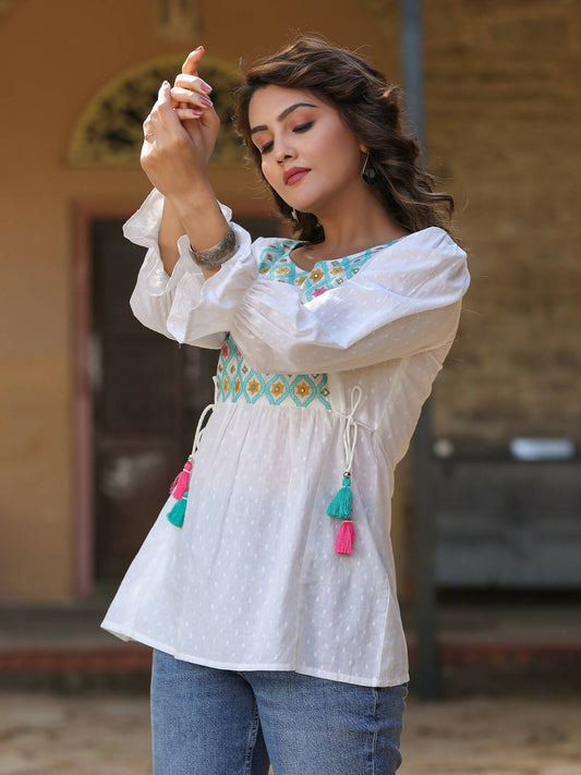 Juniper Women's White Cotton Dobby Solid With Multi Color Embroidered Tunic | Swadesiicart