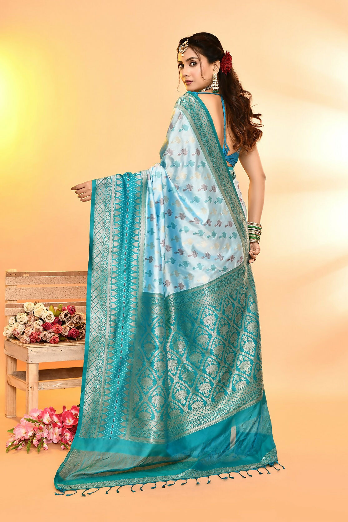 Joban Fashion Sky Blue & Rama Plain With Weaving Border Banarasi Silk Sarees | Swadesiicart