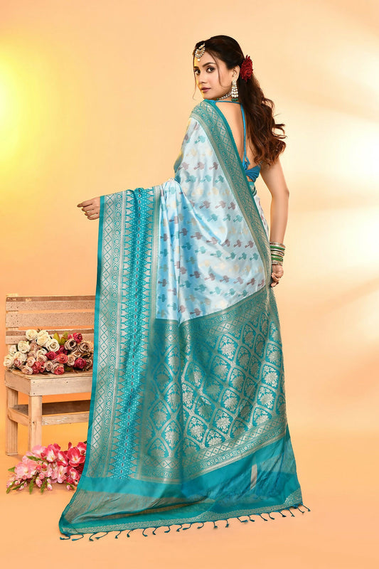 Joban Fashion Sky Blue & Rama Plain With Weaving Border Banarasi Silk Sarees | Swadesiicart