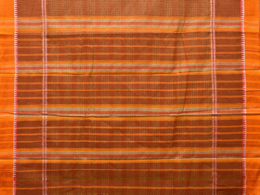 Rust Narayanpet Cotton Handloom Saree with Strips Design No Blouse - Global Threads | Swadesiicart