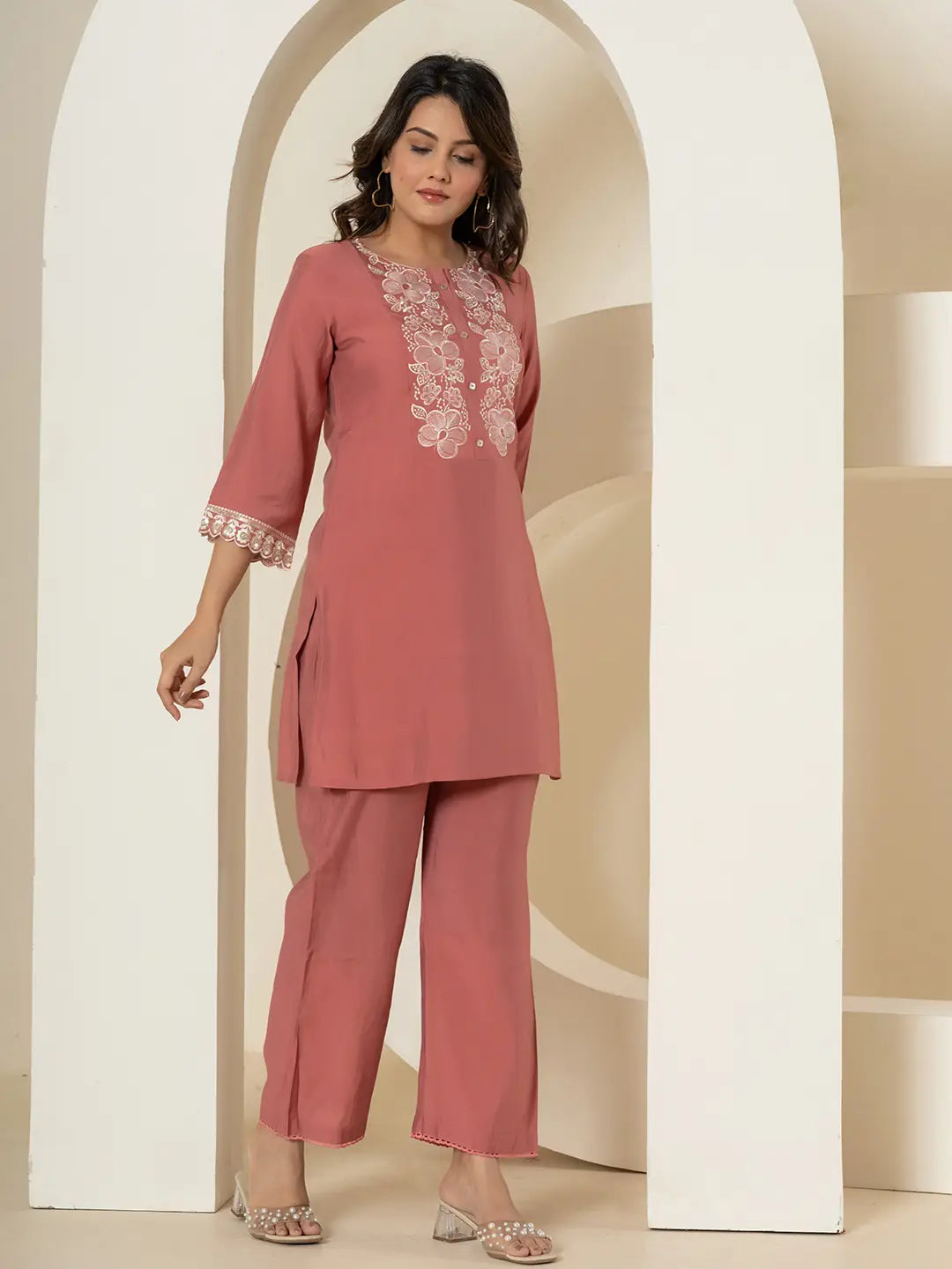 Yufta Rust Thread_Work Shirt And Trouser Silk Blend Co-Ord Set - Swadesiicart