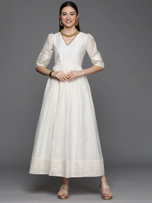 Ahalyaa Women's Off white Chanderi Gold Pasted Dress | Swadesiicart
