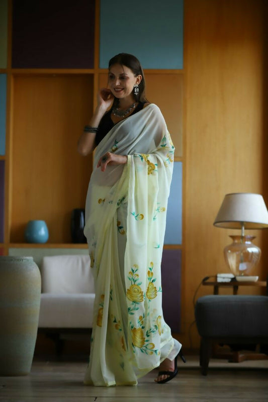 Vamsee Laxmi Yellow Georgette Saree - Swadesiicart
