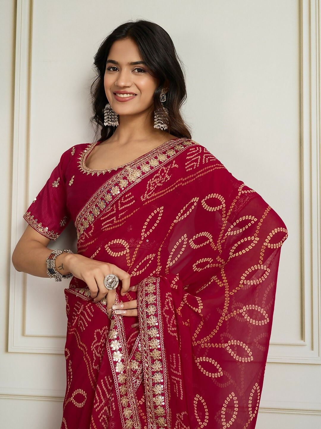 Ai Fashion Magenta Georgette Rajwadi Bandhani Print Party Wear Saree
