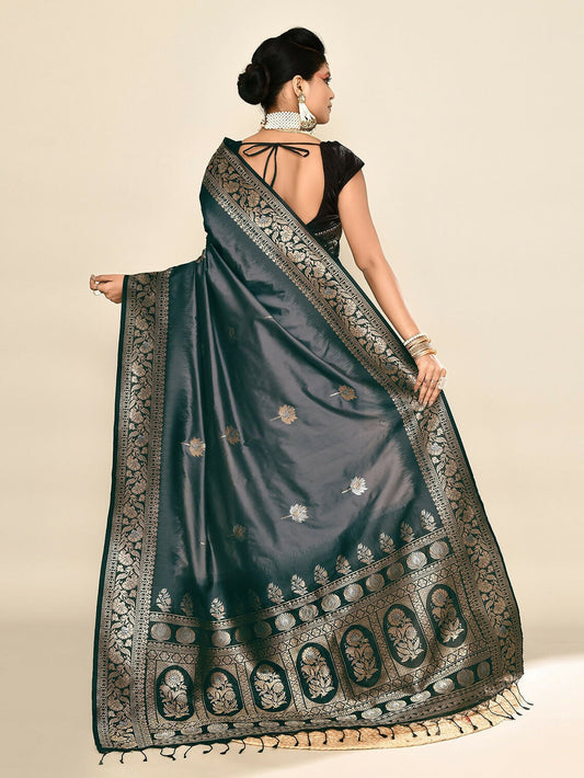 Joban Fashion Grey & Black Plain With Weaving Border Banarasi Silk Sarees | Swadesiicart