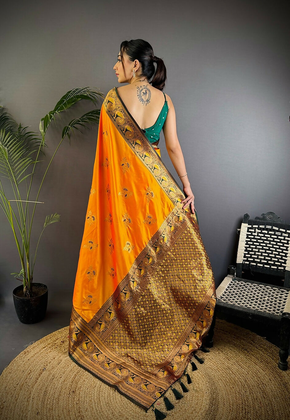 Joban Fashion Banarasi Orange Woven Soft Silk Saree | Swadesiicart