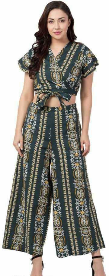 PAVONINE Bottle Green Color Printed Crop Top And Flared Palazzo Set For Girls & Women - Swadesiicart