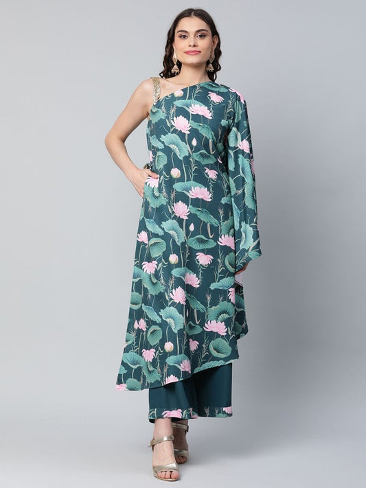 Ahalyaa Women Green Crepe Floral Printed Kurta with Palazzo Set | Swadesiicart