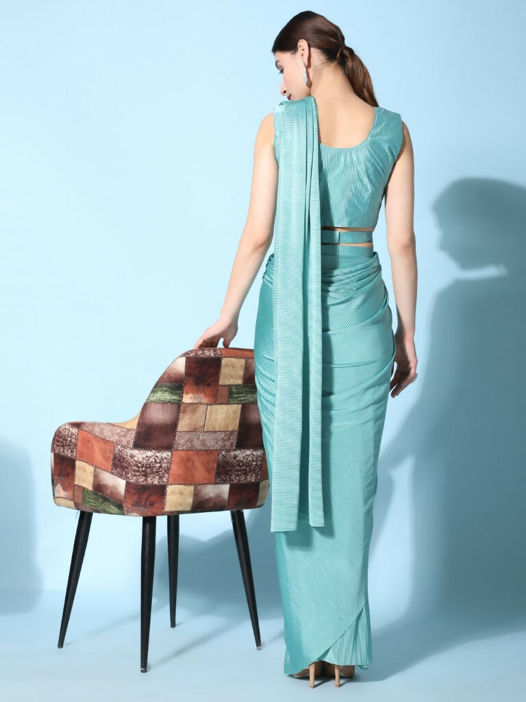 Sea Green Imported Crush Lycra Texture Pattern Ready to Wear Saree with stitched Blouse - Nirvana | Swadesiicart