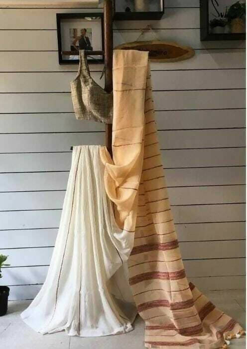 Exclusive Collection Khadi Cotton Handloom Khesh Saree With Blouse Piece - Off White - Swadesiicart
