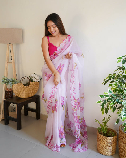 Vamsee Divisha White Organza Saree - Swadesiicart