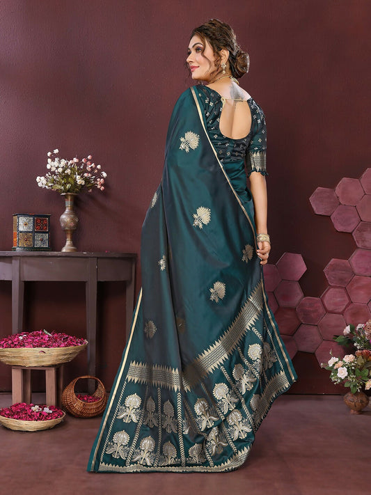 Joban Fashion Emerald green Floral Motifs Banarasi Silk Sarees | Swadesiicart