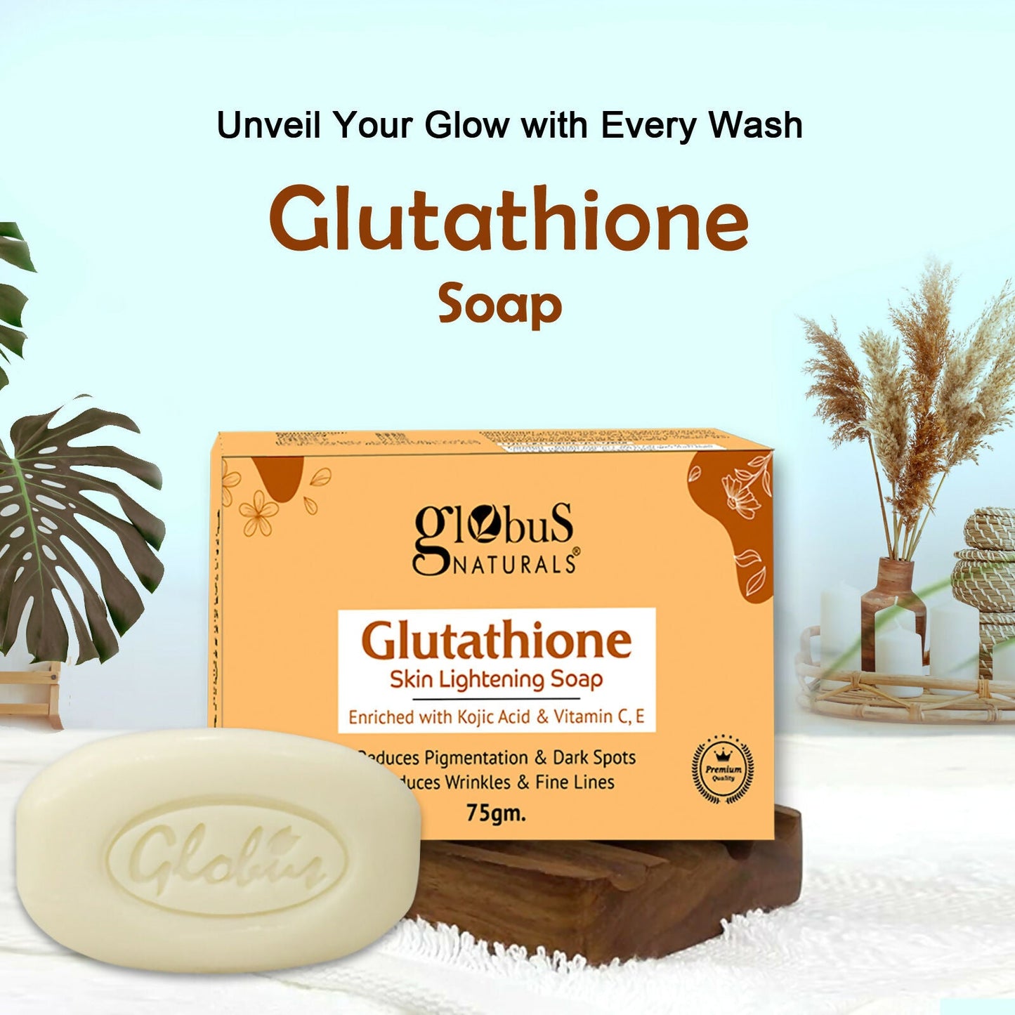 Globus Naturals Glutathione Skin Lightening Soap Enriched with Kojic Acid & Vitamin C, E, Reduces Dark Spots, Wrinkles & Fine Lines | Swadesiicart