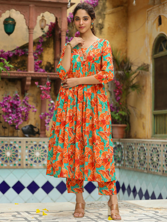 Janasya Orange Cotton Floral Kurta & Bottom | Swadesiicart