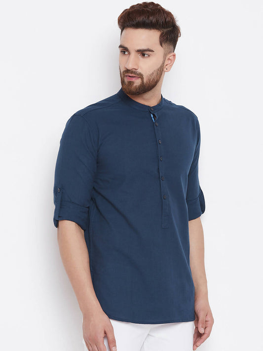 Even Apparels Blue Color Men's Pure Cotton Kurta With Band Collar | Swadesiicart