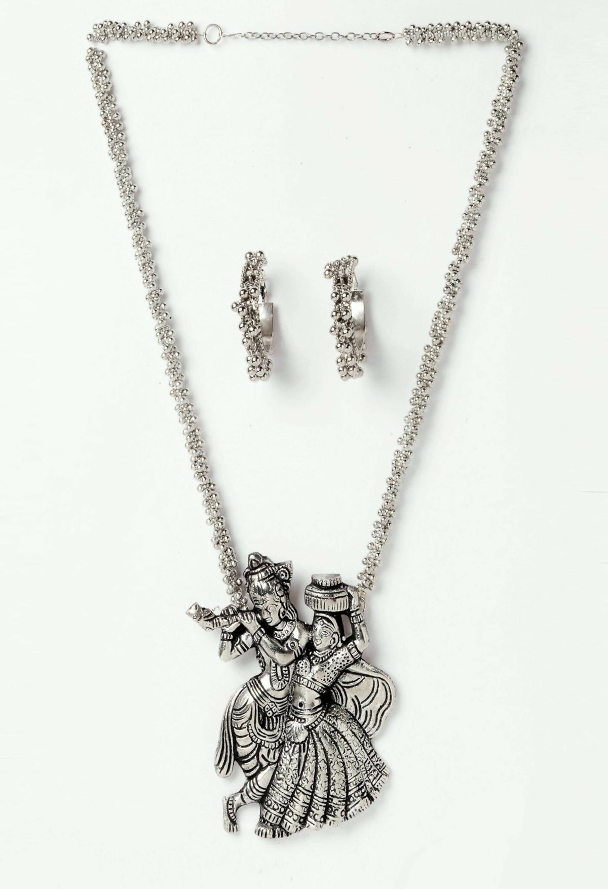 Mominos Fashion Johar Kamal Women Silver-Plated Brass Finish Radha Kishan Long Neckalce Combo Set