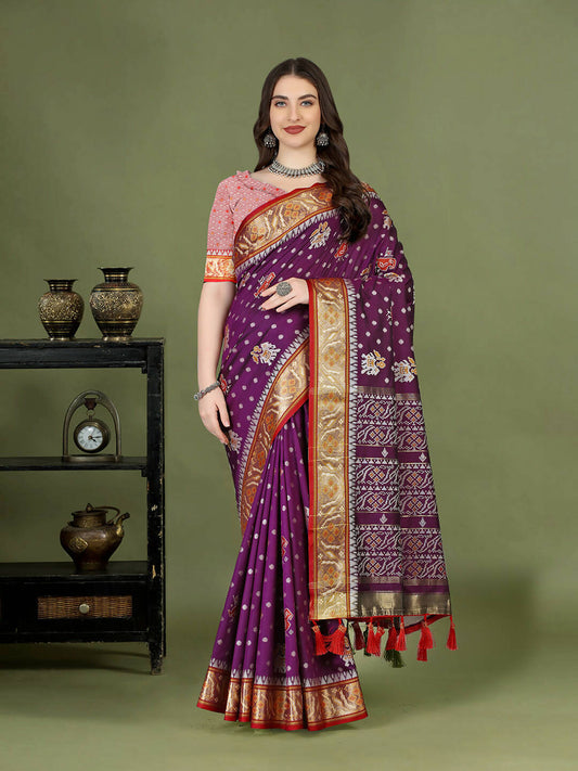 Lorenvalley Fashion Purple Patola Silk Woven Design Zari Meenakari Weaving Saree - Swadesiicart