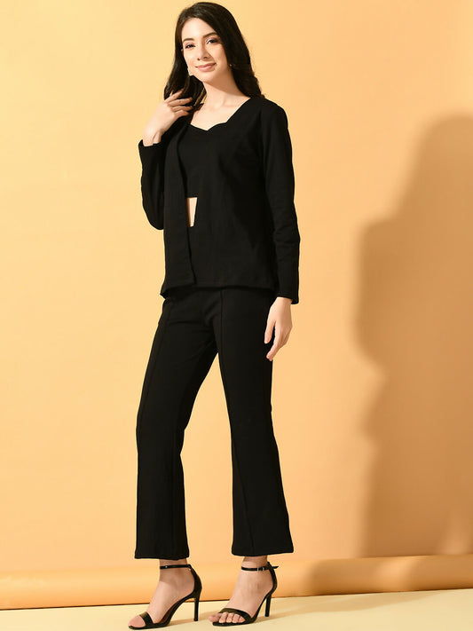 Myshka Women's Black Solid Coat With Trousers - Swadesiicart