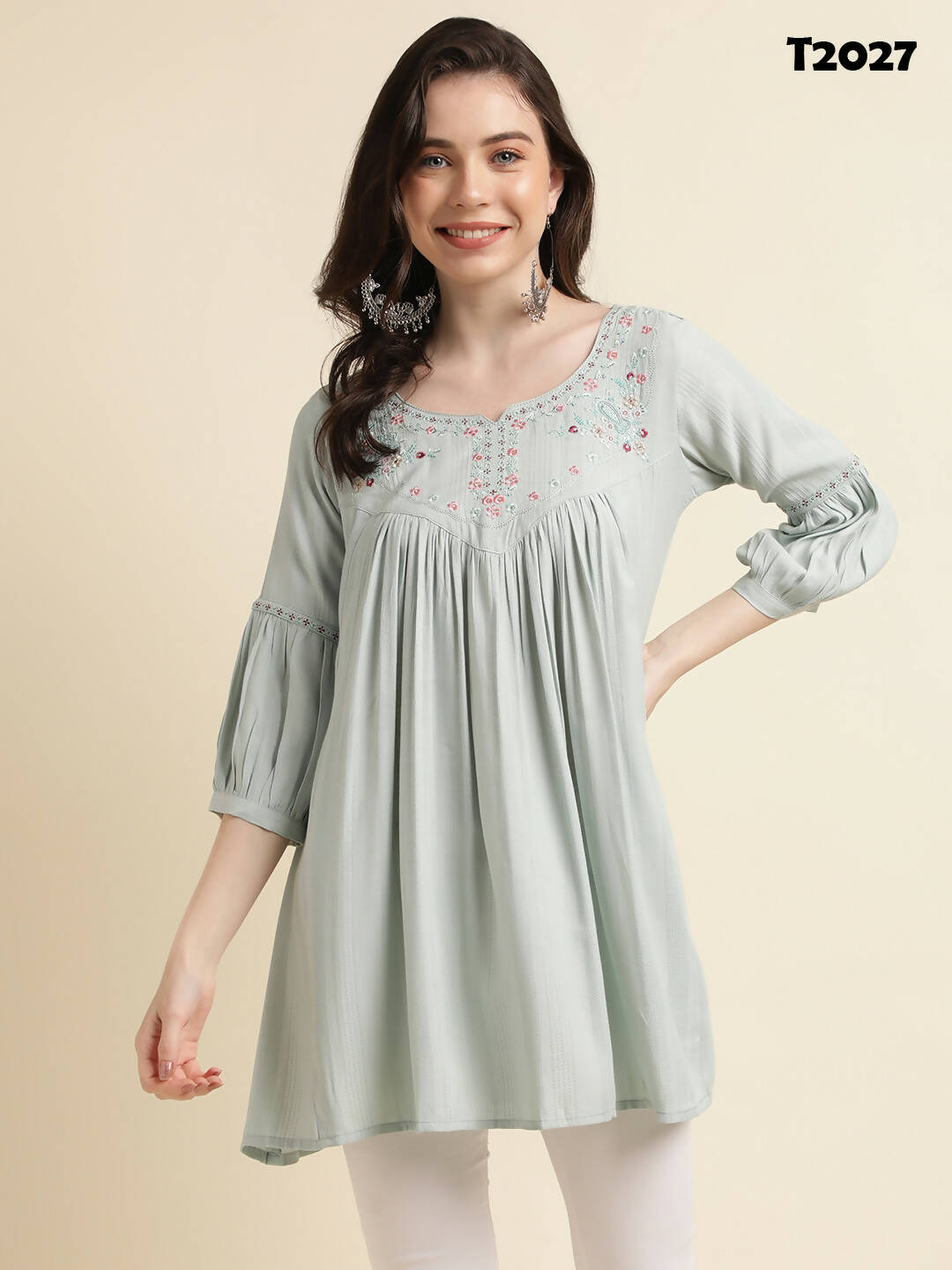 Light Blue Poly Cotton Yoke Embroidered A-line Top - Tarini - Swadesiicart