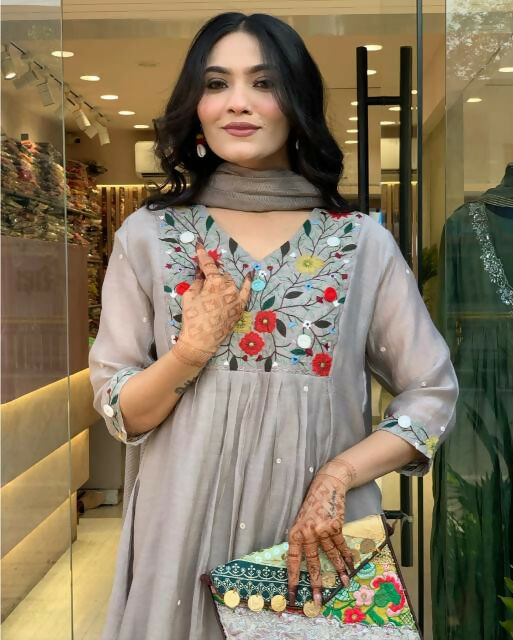 The52 Grey Women's Gorgeous Chinon Viscose Fabric Embroidered Work Straight Kurta Pant and Dupatta Set - Swadesiicart