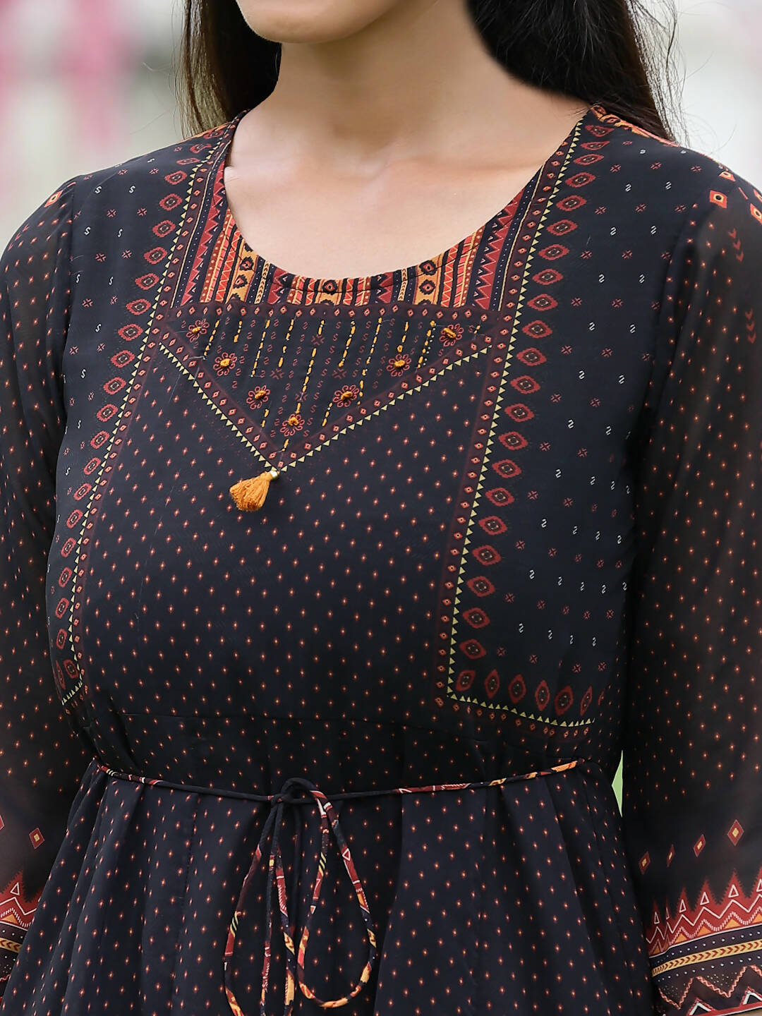 Juniper Black Georgette Festive Printed A-Line Dress For Women | Swadesiicart