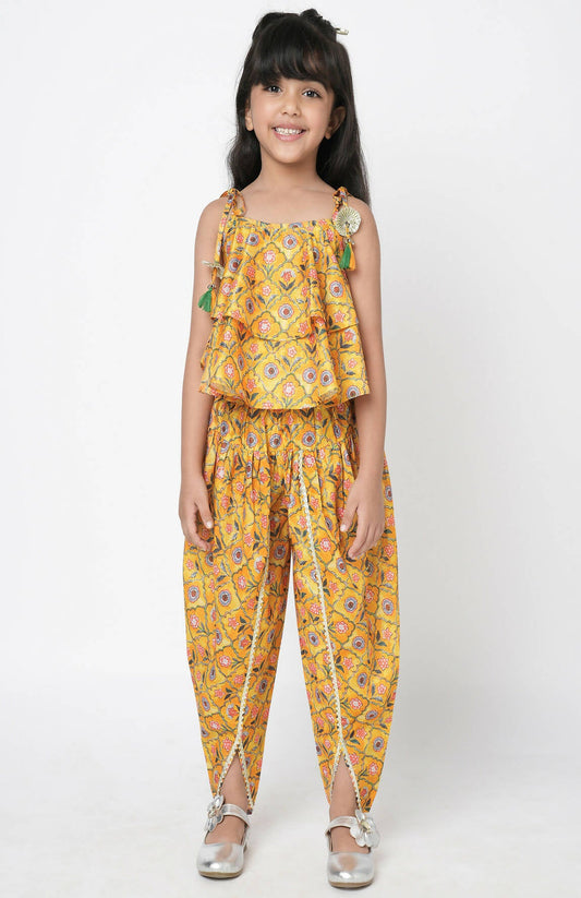 Lil Drama Golden Weaves Yellow Crop Top With Dhoti Co-Ordinate Set - Swadesiicart