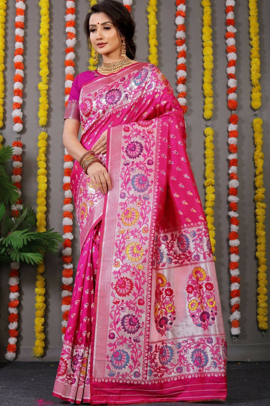 Jyoti Fashion Women's Rani Pink Banarasi Silk Zari Woven Saree with Blouse | Swadesiicart