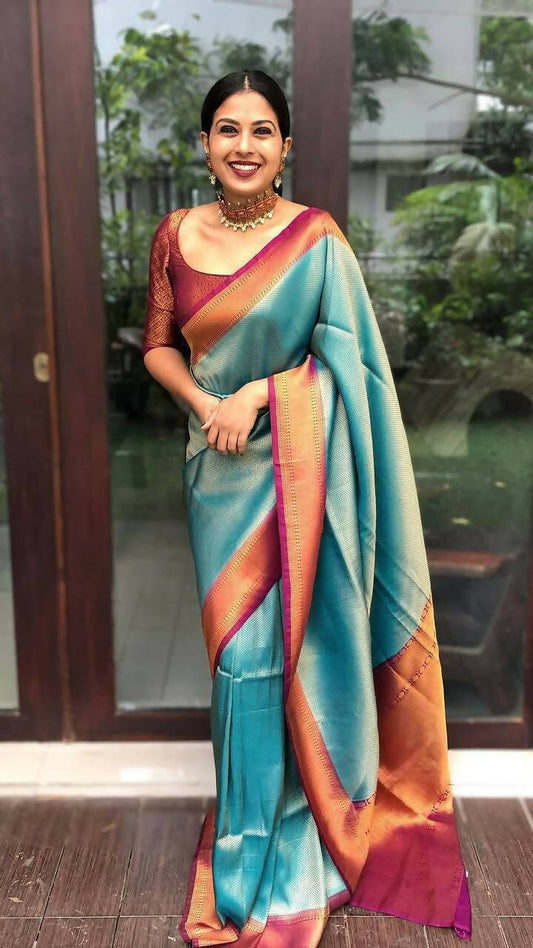 DEIANA'S Beautiful Designer Golden zari Soft Lichi Silk Saree - Sky Blue - Swadesiicart