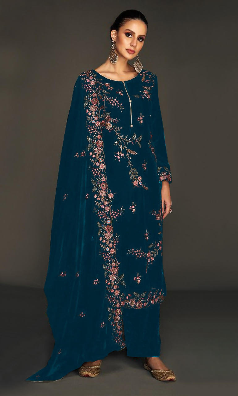 Anaita Teal Pure Velvet Stitched Suit with Heavy Embroidery Sequence Work