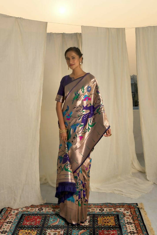 Vishnu Weaves Women's Royal Blue Paithani Silk Zari Woven Saree with Unstitched Blouse - Swadesiicart