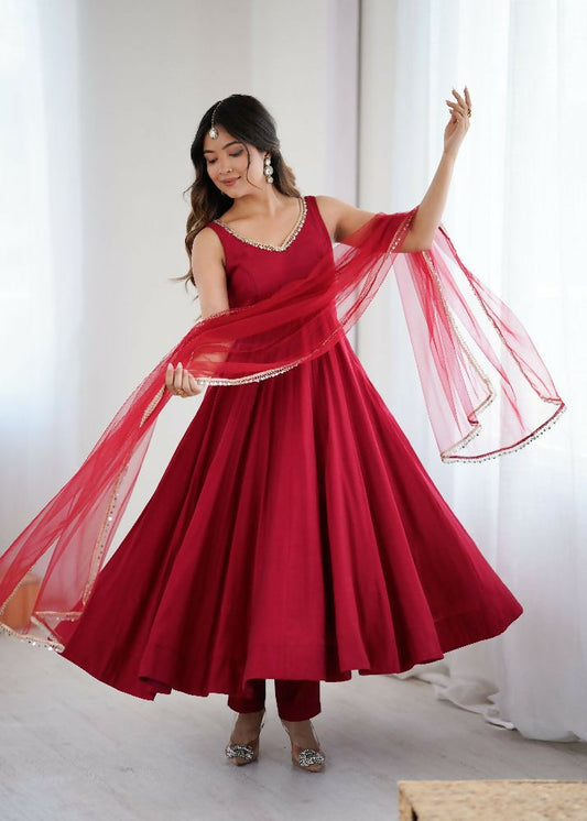 Joban Fashion Maroon Kurta Set Chanderi Sequence Embroidery Work