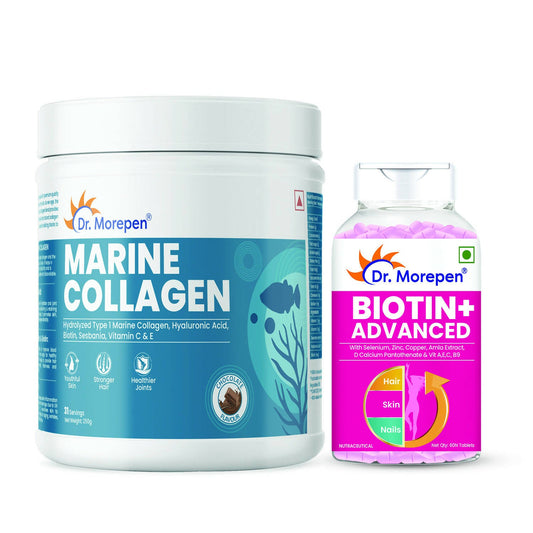 Dr. Morepen Biotin+ Advanced Tablets and Marine Collagen Protein Powder Chocolate Flavour Combo - Dr Morepen